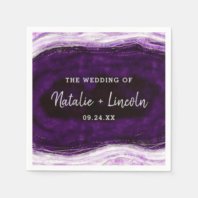 Serviette En Papier Amethyst Purple & Silver Geode Mariage Monogramme (Devant)