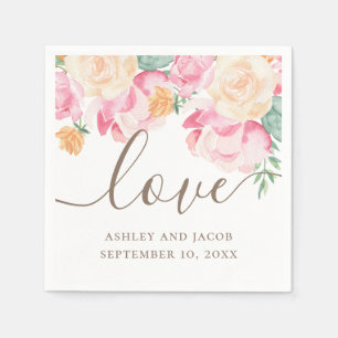 Serviette En Papier Amour. Aquarelle rose et pêche mariage floral