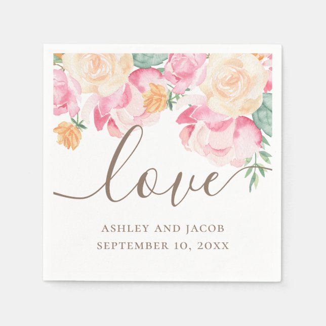 Serviette En Papier Amour. Aquarelle rose et pêche mariage floral (Devant)