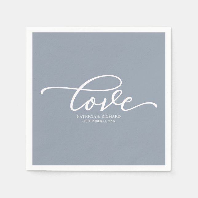 Serviette En Papier Amour - Chic Script Bleu Poussiéreux Mariage (Devant)
