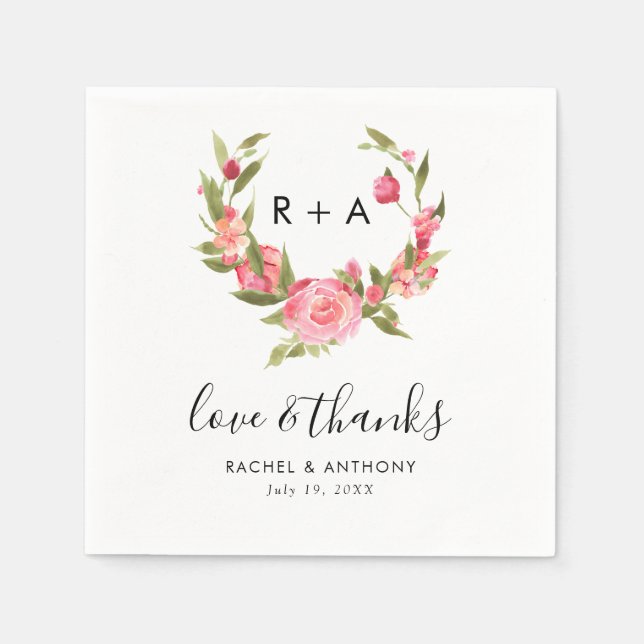 Serviette En Papier Amour et merci Boho Monogram Mariage Dusty Rose (Devant)