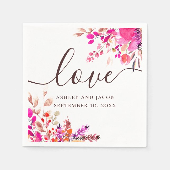 Serviette En Papier Amour. Mariage de jardin fleuri rose aquarelle (Devant)