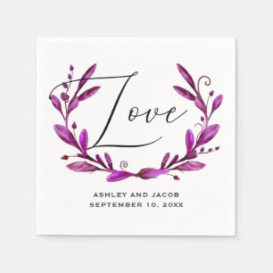 Serviette En Papier Amour. Mariage de script floral violet d'aquarelle