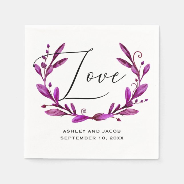 Serviette En Papier Amour. Mariage de script floral violet d'aquarelle (Devant)
