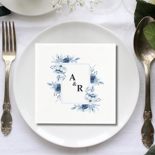 Serviette En Papier Ampersand Blue Floral Couple Initiales Mariage (Créateur téléchargé)