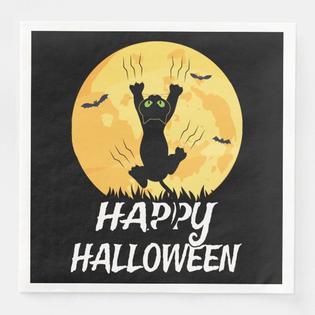 Serviette En Papier Amusante Lune de chat Noir Joyeux Halloween (Devant)