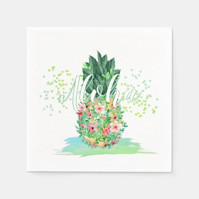 Serviette En Papier Ananas Fleurs hawaïennes tropicales ALOHA (Devant)