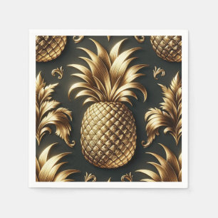 Serviette En Papier Ananas Tropical Noir & Or Luxueux Mariage