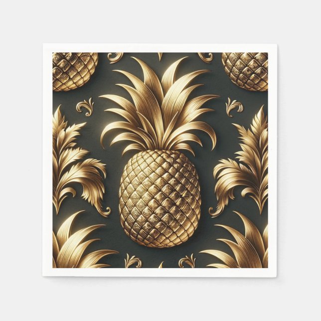 Serviette En Papier Ananas Tropical Noir & Or Luxueux Mariage (Devant)