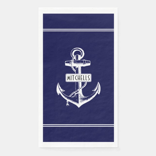 Serviette En Papier Ancrage blanc, lignes et nom sur marine bleu nauti (Devant)