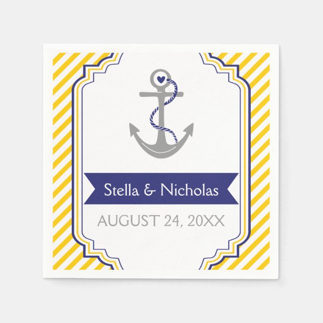 Serviette En Papier Ancrage gris marine bleu marine, mariage jaune (Devant)