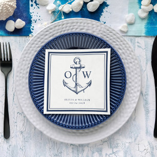Serviette En Papier Ancre blanche de marine nautique Mariage de monogr