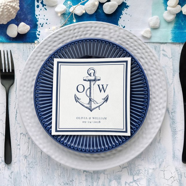 Serviette En Papier Ancre blanche de marine nautique Mariage de monogr (Créateur téléchargé)