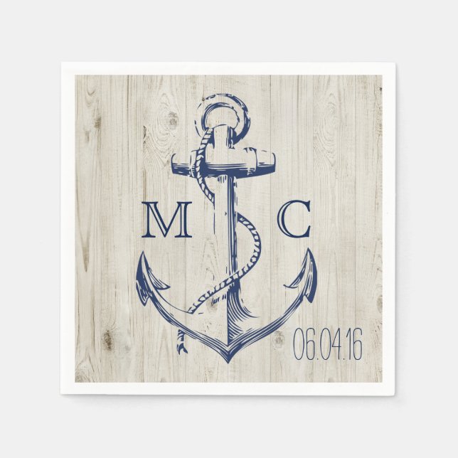 Serviette En Papier Ancre blanche marine Monogramme en bois rustique (Devant)