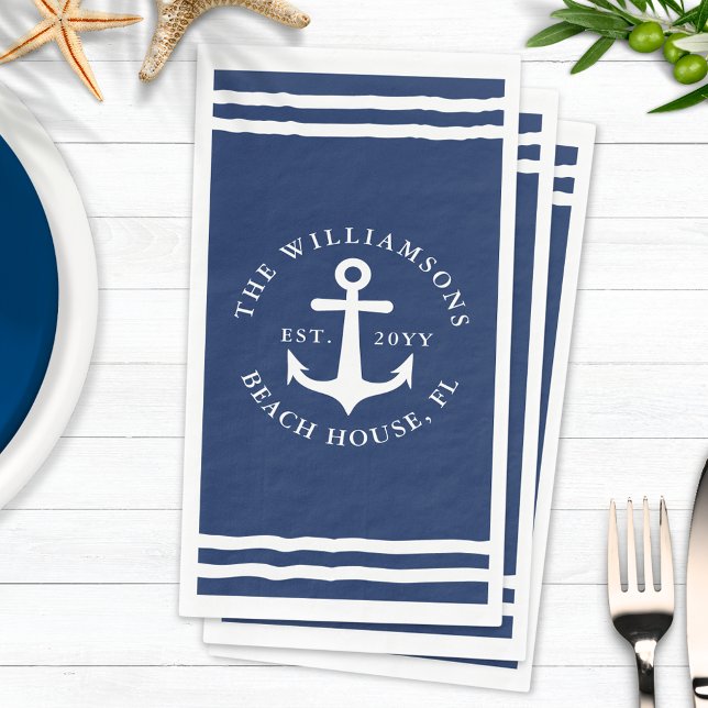 Serviette En Papier Ancre Bleu Blancs Nautique Nom de famille (Créateur téléchargé)