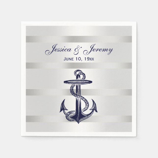 Serviette En Papier Ancre Bleue marine Nautique Argent Wt BG Mariage (Devant)