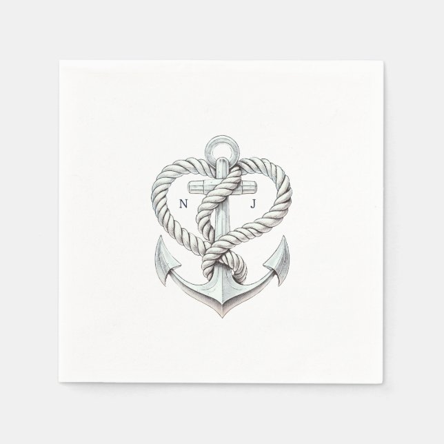 Serviette En Papier Ancre Coeur Nautique Mariage Côtier (Devant)