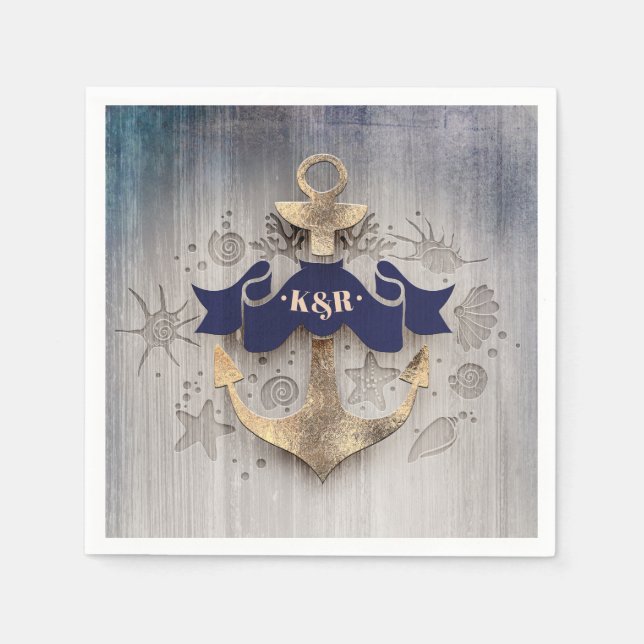 Serviette En Papier Ancre d'or Marine Blue Nautical Mariage (Devant)