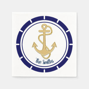 Serviette En Papier Ancre dorée centrale Marine Bleu Nautique