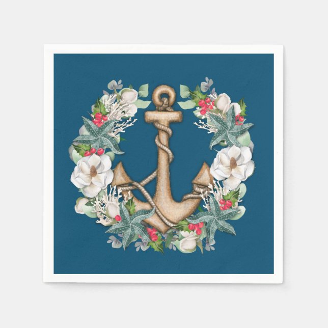 Serviette En Papier Ancre et couronne de Noël | Turquoise foncé (Devant)