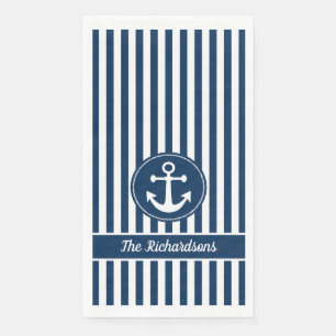 Serviette En Papier Ancre nautique avec corde sur rayures bleu marine