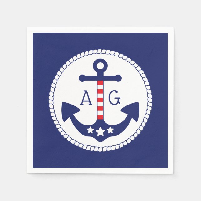 Serviette En Papier Ancre nautique Étoiles et rayures patriotiques Mon (Devant)