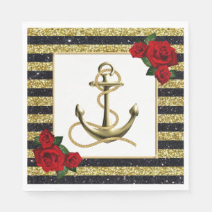 Serviette En Papier Ancre nautique Gold Black Stripes Mariage Napkins