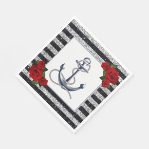 Serviette En Papier Ancre nautique Mariage Silver Black Stripes