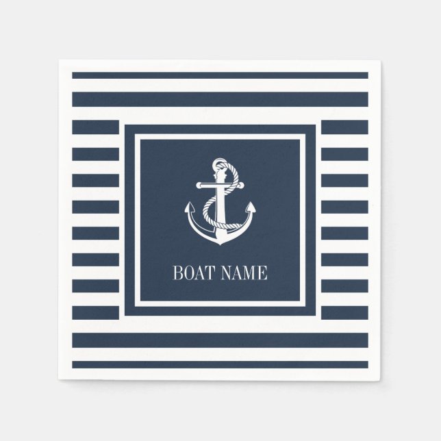 Serviette En Papier Ancre nautique Nom du bateau Marine Blue Striped (Devant)