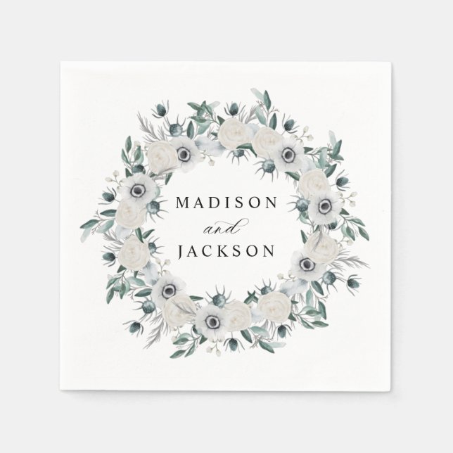 Serviette En Papier Anémones blancs et Mariage Rose (Devant)