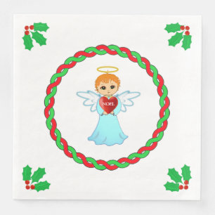 Serviette En Papier ange de Noël et feuilles de houx sur fond blanc
