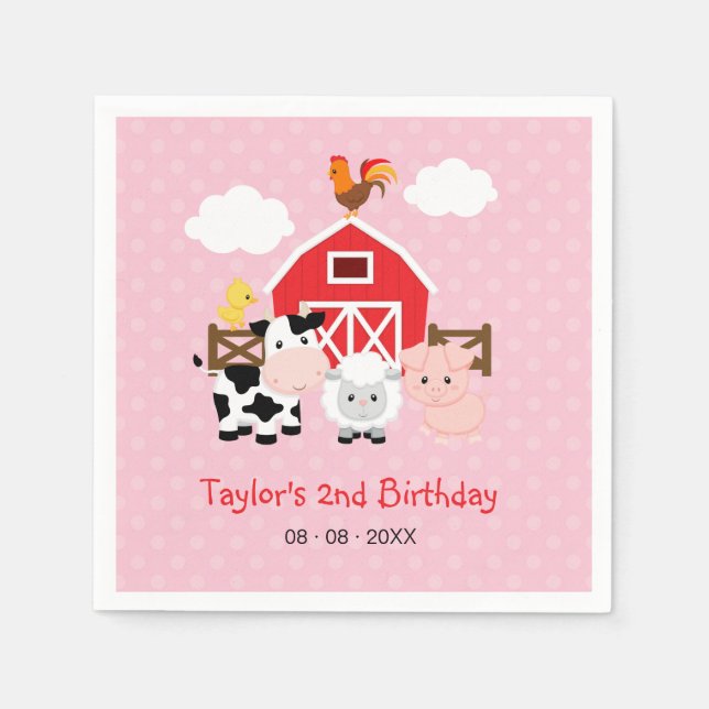Serviette En Papier Animaux de ferme Anniversaire personnalisé (rose p (Devant)