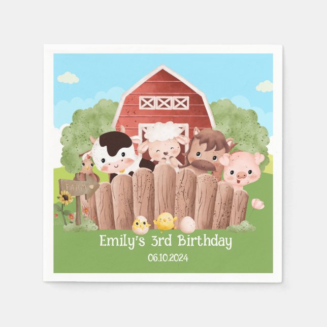 Serviette En Papier Animaux de ferme mignons Anniversaire (Devant)