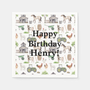 Serviette En Papier Animaux de ferme mignons Tracteurs Nom Joyeux Anni
