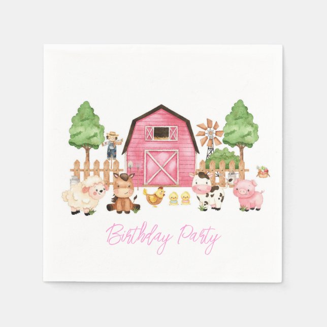 Serviette En Papier Animaux de ferme roses fête d'anniversaire (Devant)