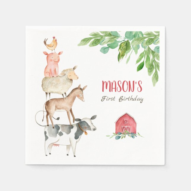 Serviette En Papier Animaux de ferme Zoo Garçon Anniversaire Barnyard (Devant)