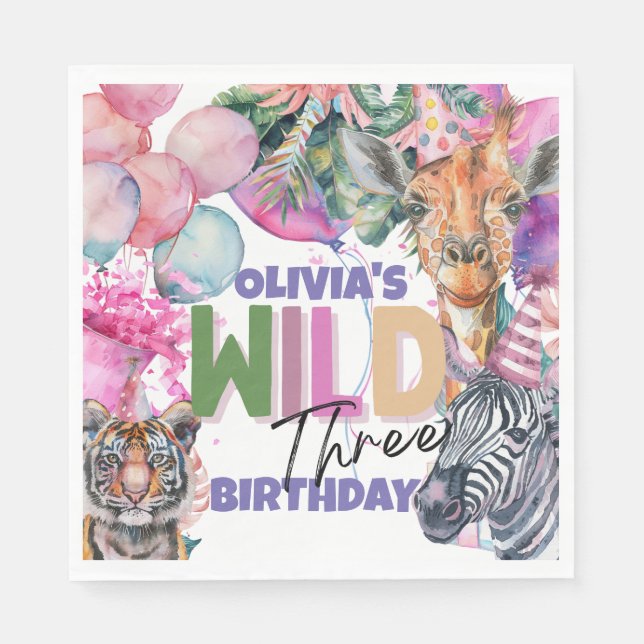 Serviette En Papier Animaux de fête Safari Jungle sauvage Trois Annive (Devant)