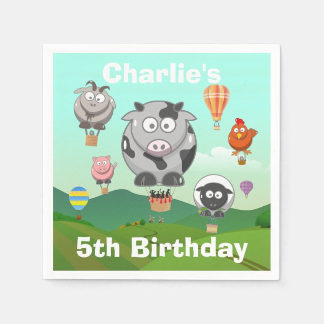 Serviette En Papier Animaux de la ferme de ballons à air chaud Anniver (Devant)