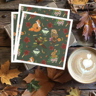 Serviette En Papier Animaux de la forêt automnale, motif vert