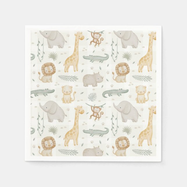 Serviette En Papier Animaux de Safari Jungle Verdure Vichy à Carreaux (Devant)