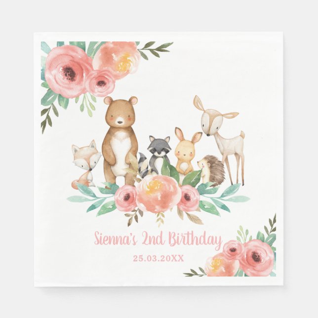 Serviette En Papier Animaux Whimsical Floral Woodland 1er anniversaire (Devant)