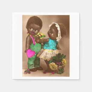 Serviette En Papier Années 1920 RPPC adorable poupées noires en amour