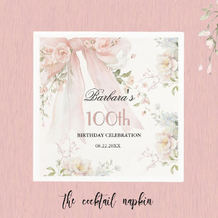 Serviette En Papier Anniversaire 100 ans Élégant Aquarelle Ruban Rose