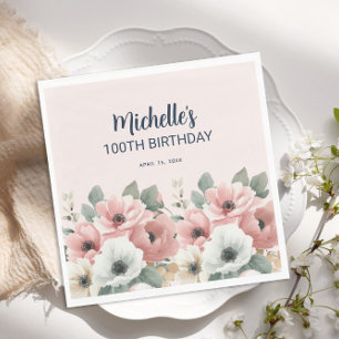Serviette En Papier Anniversaire 100 ans Fleurs Aquarelle Rose Blanc