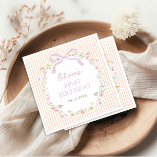 Serviette En Papier Anniversaire à rayures florales avec noeud rose