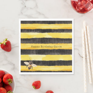 Serviette En Papier Anniversaire Abeille Miel Rayures Noires Or Jaune