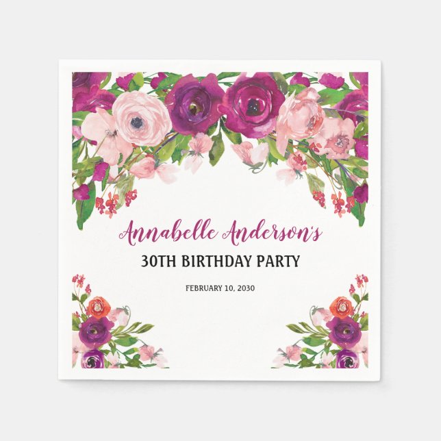 Serviette En Papier Anniversaire Aquarelle Fleurie Élégante Rose Viole (Devant)