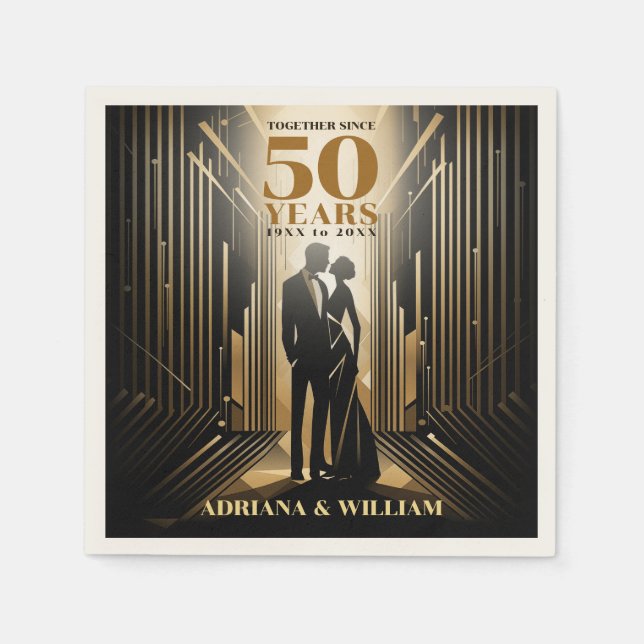 Serviette En Papier Anniversaire Art Déco Retro Black & Gold Mariage (Devant)