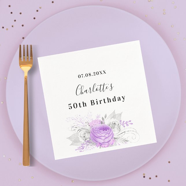 Serviette En Papier Anniversaire blanc violet fleurs argent (Créateur téléchargé)