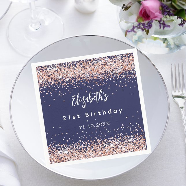 Serviette En Papier Anniversaire bleu marine rose confetti d'or (Créateur téléchargé)